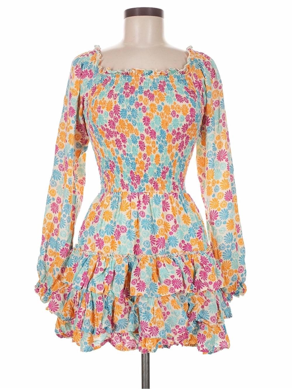 Cool Change Smocked Floral Tiered Mini Dress in Pink, Blue & Yellow